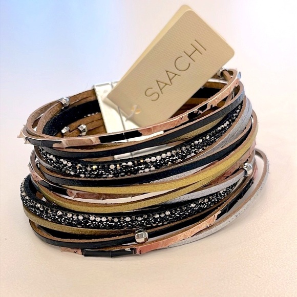 Brand New Multi-Strap Genuine Leather Wrap Magnetic Metallic Stack Bracelet - Picture 2 of 13
